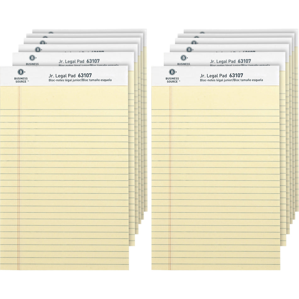 Business Source Writing Pads - 50 Sheets - 0.28" Ruled - 16 lb Basis Weight - Jr.Legal - 8" x 5" Sheet Size - Canary Paper - Micro Perforated, Easy Tear, Sturdy Back - 1 Dozen