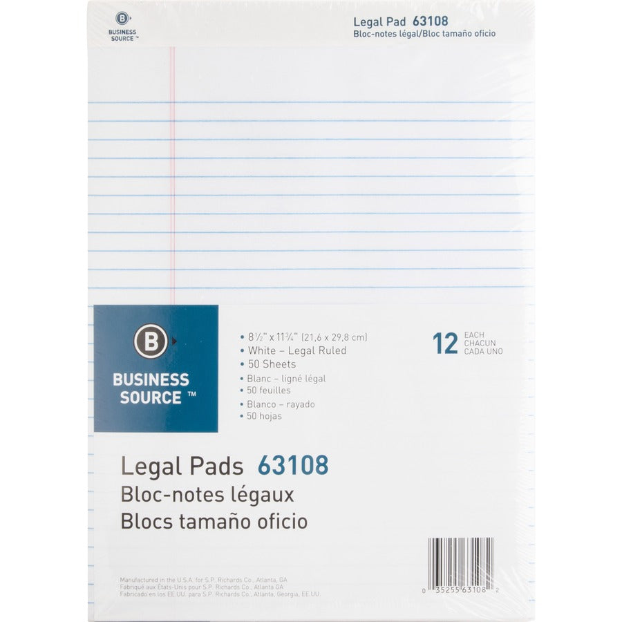 Business Source Micro-Perforated Legal Ruled Pads - 50 Sheets - 0.34" Ruled - 16 lb Basis Weight - 8 1/2" x 11 3/4" Sheet Size - White Paper - Micro Perforated, Easy Tear, Sturdy Back - 1 Dozen