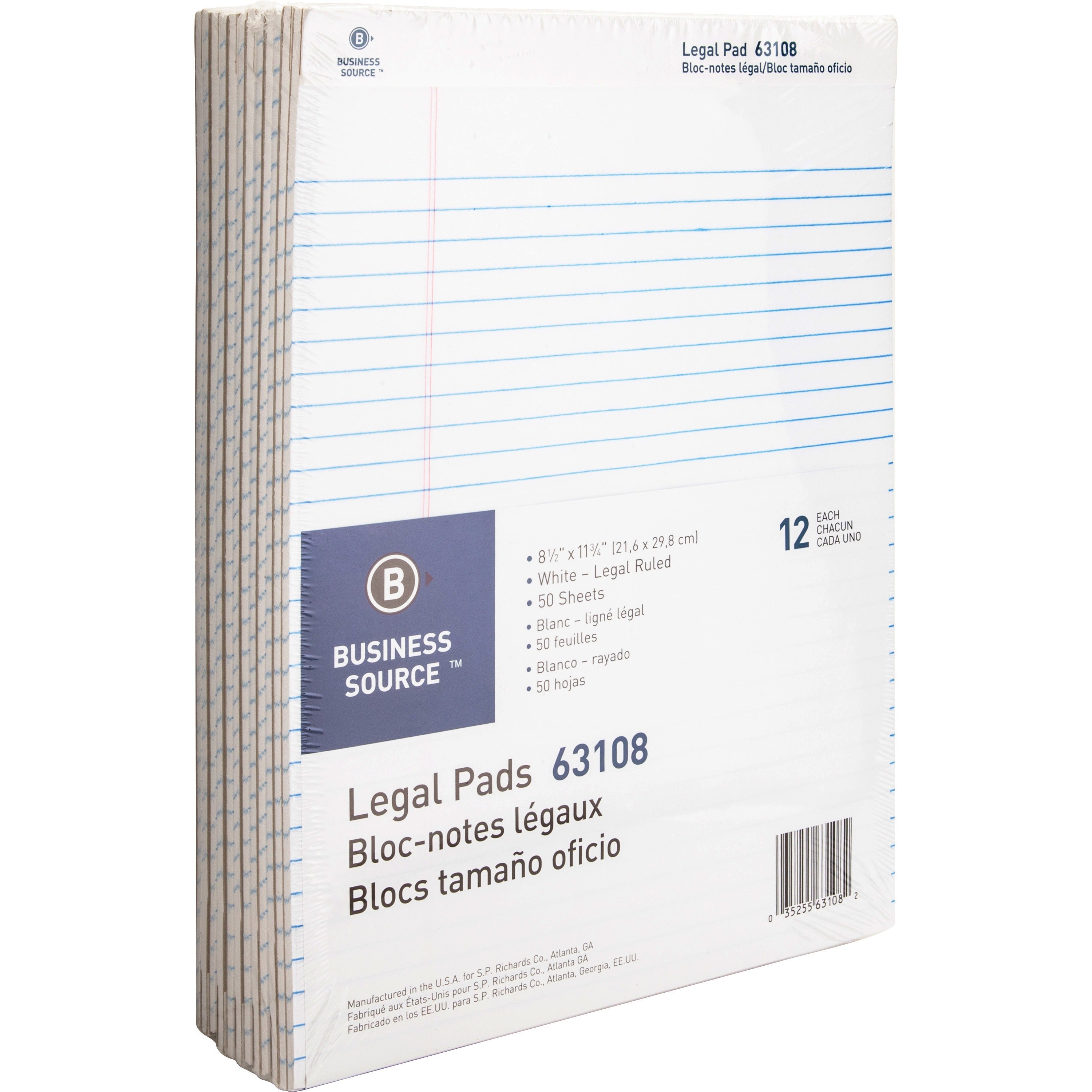 Business Source Micro-Perforated Legal Ruled Pads - 50 Sheets - 0.34" Ruled - 16 lb Basis Weight - 8 1/2" x 11 3/4" Sheet Size - White Paper - Micro Perforated, Easy Tear, Sturdy Back - 1 Dozen
