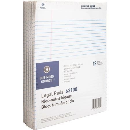 Business Source Micro-Perforated Legal Ruled Pads - 50 Sheets - 0.34" Ruled - 16 lb Basis Weight - 8 1/2" x 11 3/4" Sheet Size - White Paper - Micro Perforated, Easy Tear, Sturdy Back - 1 Dozen