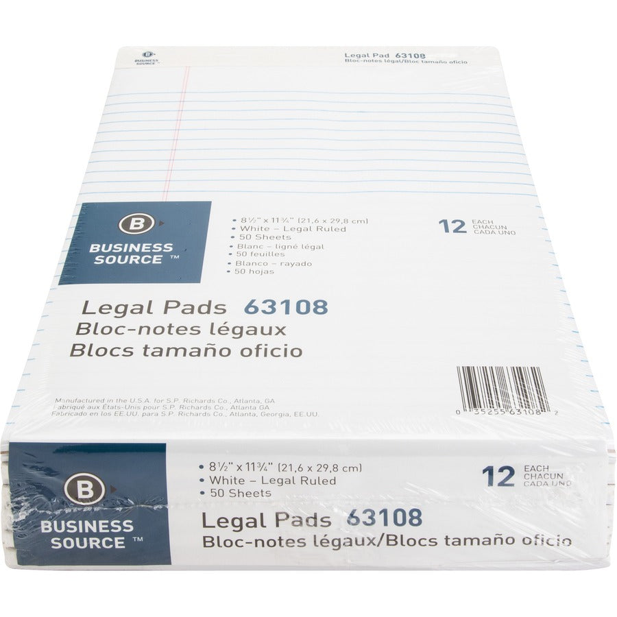 Business Source Micro-Perforated Legal Ruled Pads - 50 Sheets - 0.34" Ruled - 16 lb Basis Weight - 8 1/2" x 11 3/4" Sheet Size - White Paper - Micro Perforated, Easy Tear, Sturdy Back - 1 Dozen