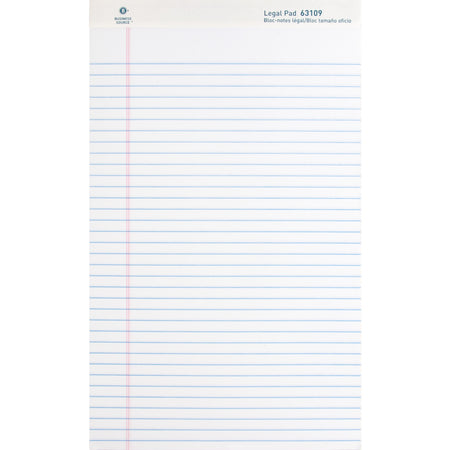 Business Source Writing Pads - 50 Sheets - 0.34" Ruled - 16 lb Basis Weight - Legal - 8 1/2" x 14" Sheet Size - White Paper - Micro Perforated, Easy Tear, Sturdy Back - 1 Dozen