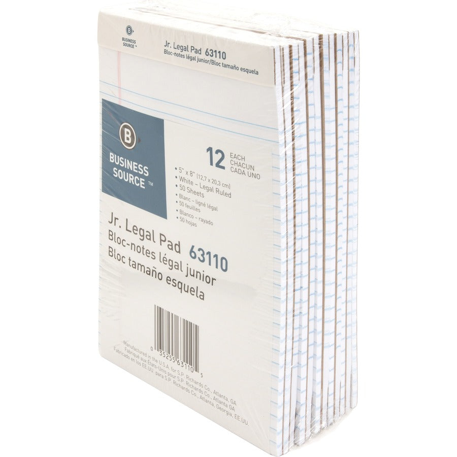 Business Source Writing Pads - 50 Sheets - 0.28" Ruled - 16 lb Basis Weight - Jr.Legal - 8" x 5" Sheet Size - White Paper - Micro Perforated, Easy Tear, Sturdy Back - 1 Dozen