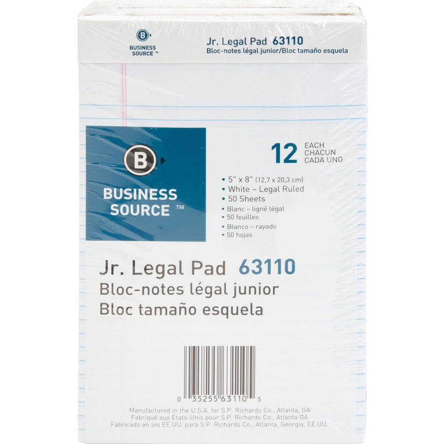 Business Source Writing Pads - 50 Sheets - 0.28" Ruled - 16 lb Basis Weight - Jr.Legal - 8" x 5" Sheet Size - White Paper - Micro Perforated, Easy Tear, Sturdy Back - 1 Dozen