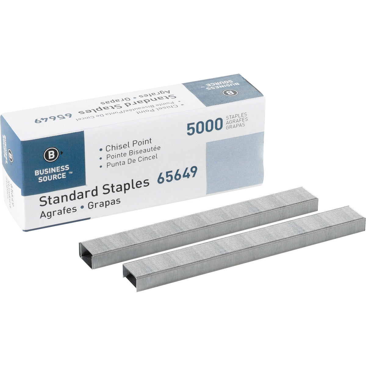 Business Source Standard Staples - 1/4" Leg - 1/2" Crown - Holds 30 Sheet(s) - Chisel Point - Silver - 210 Per Strip - 5000 / Box