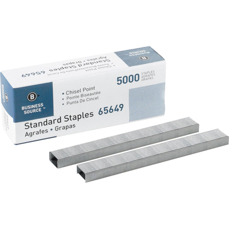 Business Source Standard Staples - 1/4" Leg - 1/2" Crown - Holds 30 Sheet(s) - Chisel Point - Silver - 210 Per Strip - 5000 / Box