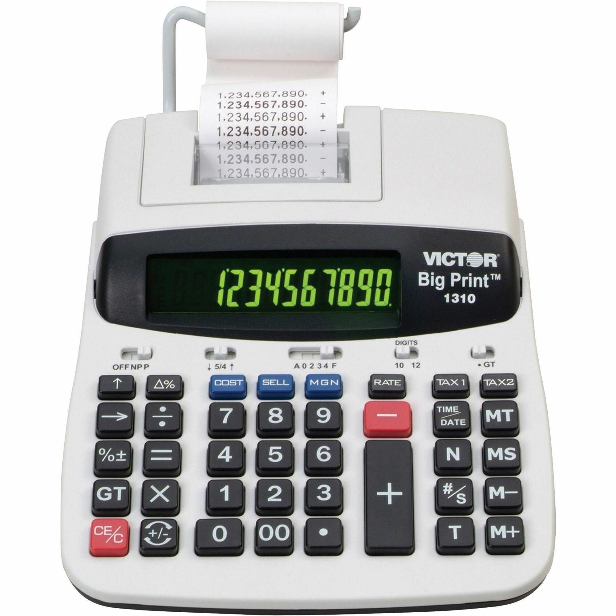 Victor 1310 Printing Calculator - Thermal - Black Print - 9 lps - Date, Clock, Independent Memory - 12 Digits - LED - AC Supply Powered - 7.5" Height x 2.2" Width x 9.5" Length - White - 1 Each