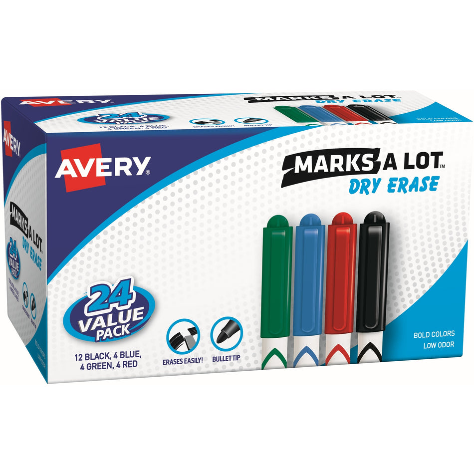 Avery®Marks A Lot Pen-Style Dry Erase Markers - Bullet Marker Point - Erasable - Black, Red, Blue, Green Ink - 24 / Box