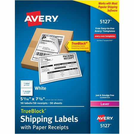 Avery®  Shipping Labels with Receipt, 5-1/16" x 7-5/8" , 50 Labels (5127) - 7 5/8" Length - Permanent Adhesive - Rectangle - Laser - White - Paper - Permanent Adhesive, Smudge-free, Jam-free - 1 / Sheet - 50 Total Sheets - 50 Total Label(s) - 50 / Pack