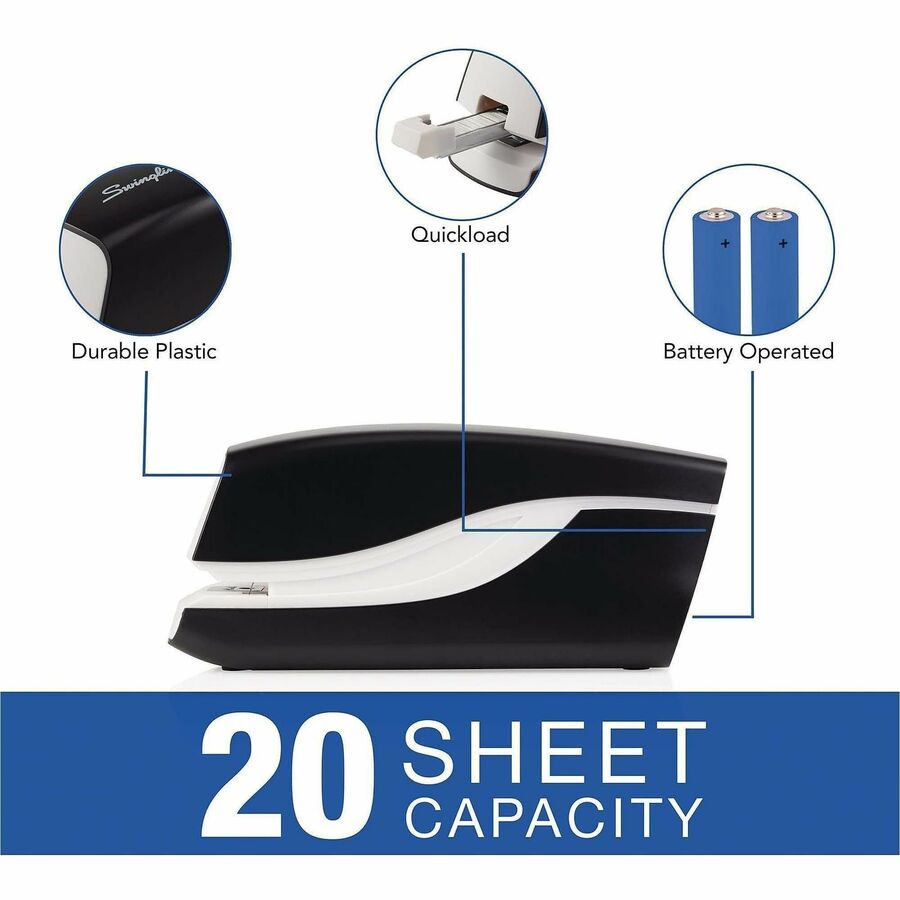 Swingline Breeze Automatic Stapler - Staples Upto 20 Sheet of 20lb Paper - Holds Upto 105 Staple - Half Strip - Staple Size: 0.25" - 4 x AA - Black - 1 Each