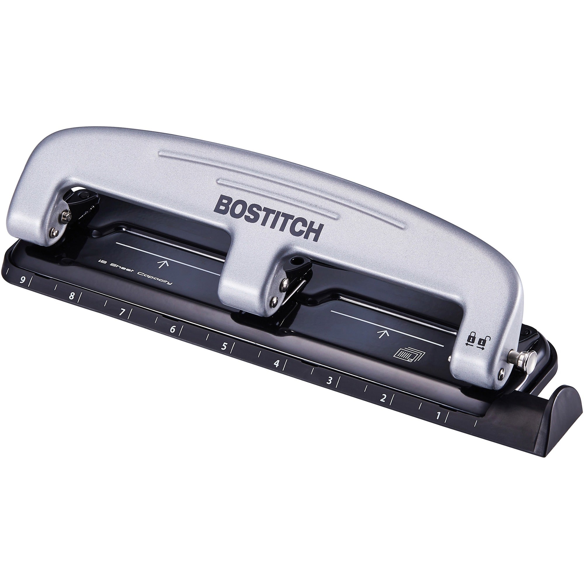 Bostitch EZ Squeeze&trade; 12 Three-Hole Punch - 3 Punch Head(s) - 12 Sheet - 9/32" Punch Size - 3" Width x 1.6" Height - Black, Silver