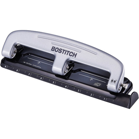 Bostitch EZ Squeeze&trade; 12 Three-Hole Punch - 3 Punch Head(s) - 12 Sheet - 9/32" Punch Size - 3" Width x 1.6" Height - Black, Silver
