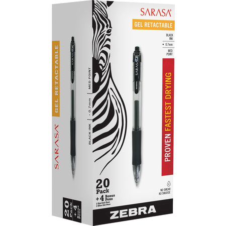 Zebra Sarasa Dry X20 Retractable Gel Pen - Medium Pen Point - Refillable - Retractable - Black Ink - Pigment-based - Translucent Barrel - 24 / Pack