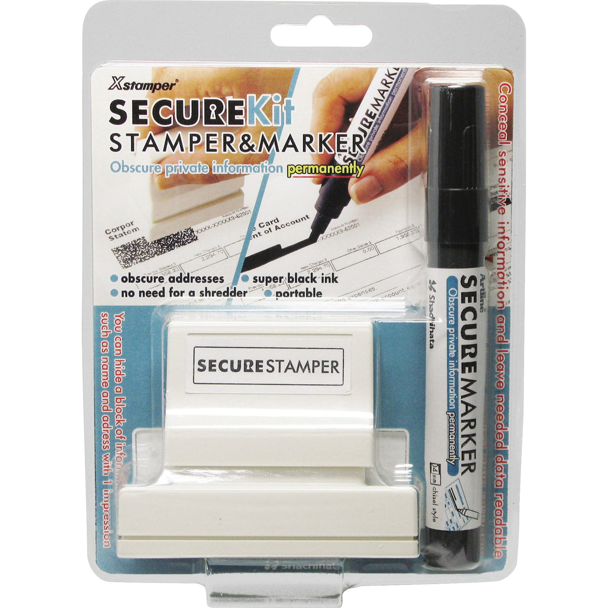 Xstamper Secure Privacy Stamp Kit - 1" Impression Width x 2.65" Impression Length - Black - 1 Pack