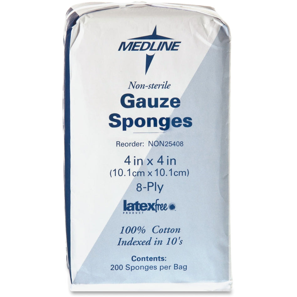 Medline Nonsterile Woven Gauze Sponges - 8 Ply - 4" Width x 4" Length - White - 200 / Box