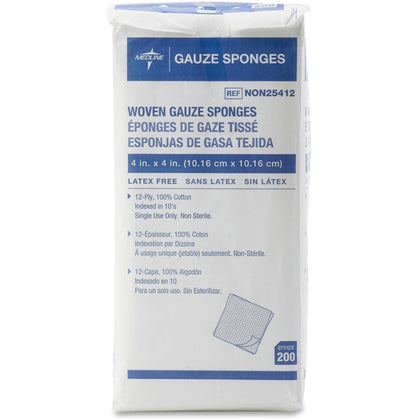 Medline Woven Gauze Sponges: 12-Ply 4’’ x White - 200/Box - Bandages & Wraps