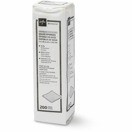 Medline Caring Non-sterile Gauze Sponges: 12-Ply 2’’ x White - 200/Box - Bandages & Wraps