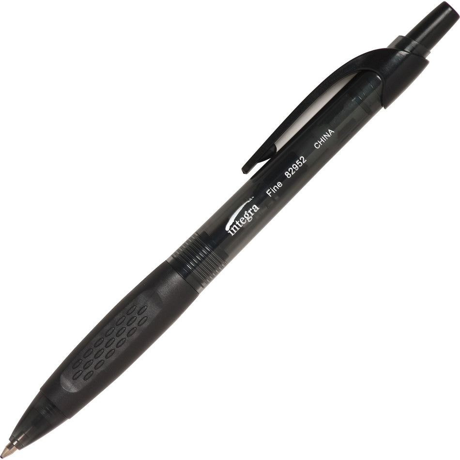Integra 82952 Retractable Ballpoint Pens - Fine Pen Point - Retractable - Black Ink - Black, Transparent Barrel - 1 Dozen