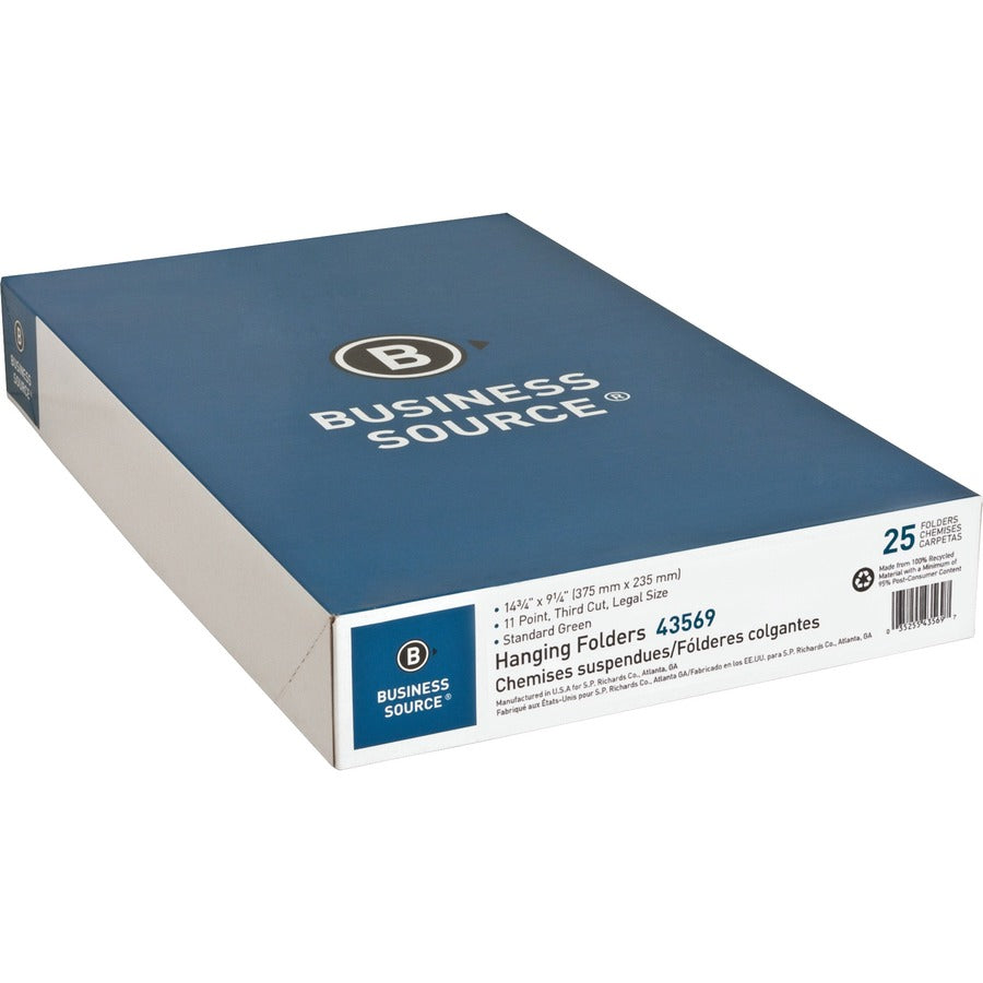 Business Source 1/3 Tab Cut Legal Recycled Hanging Folder - 8 1/2" x 14" - 11 pt. - Poly - Green - 100% Recycled - 25 / Box