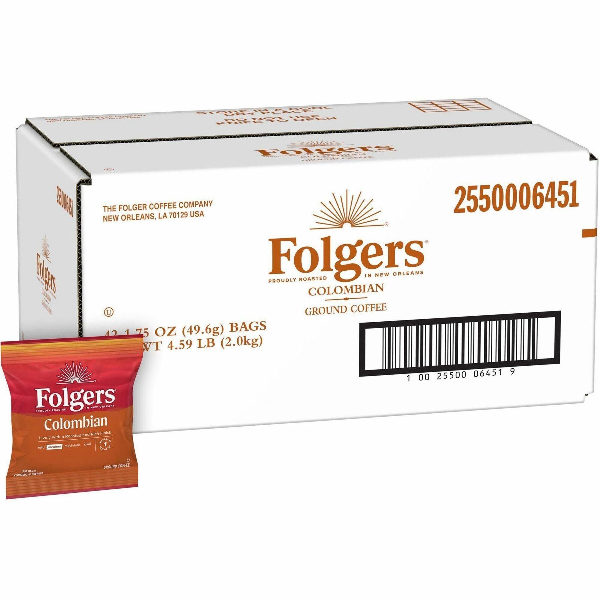 Folgers® Fraction Pack 100% Colombian Supreme Coffee - Regular - Dark/Bold - 1.8 oz Per Bag - Fraction Pack - 42 / Carton