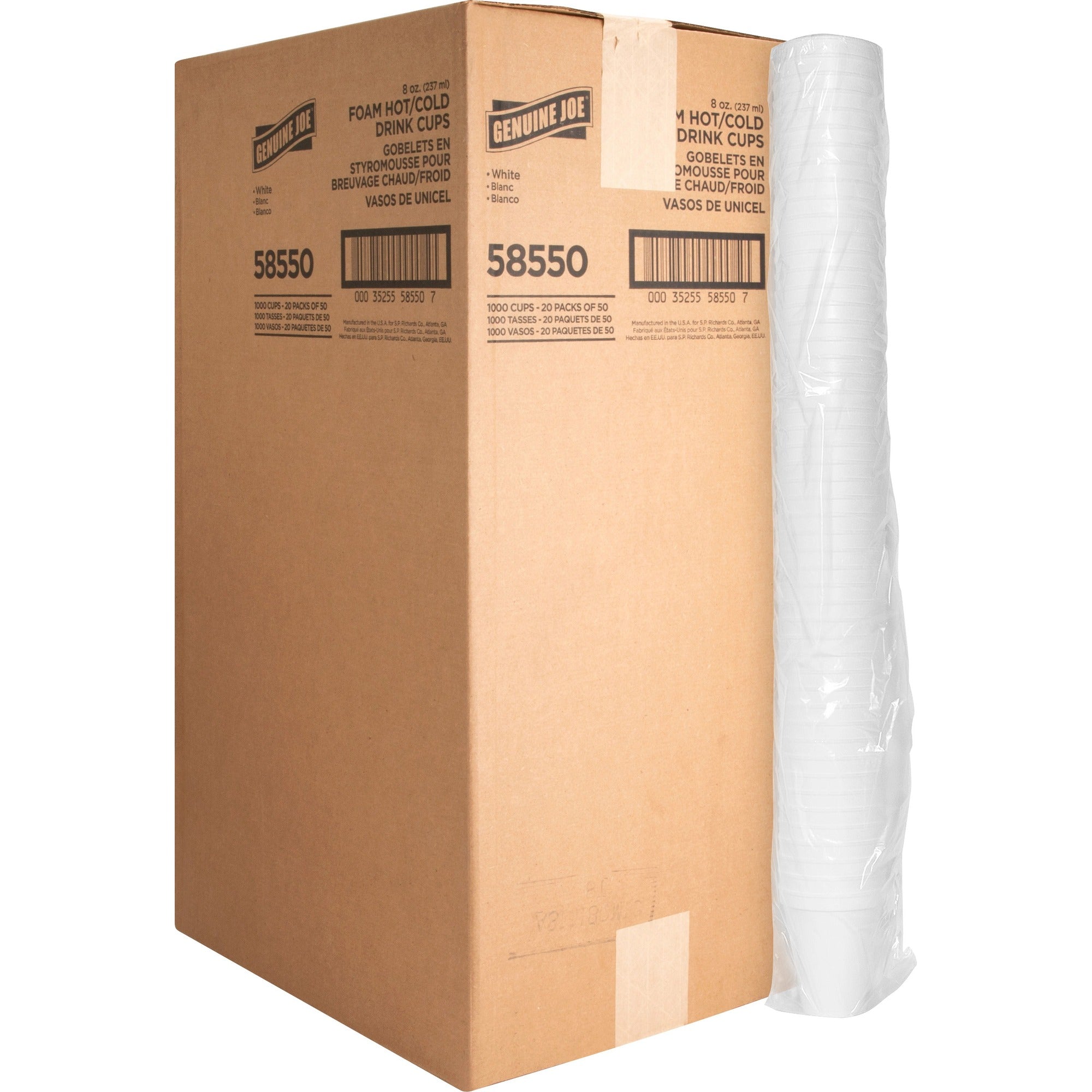 Genuine Joe 8 oz Hot/Cold Foam Cups - 8 fl oz - White - Foam - Hot Drink, Cold Drink - 50/Pack - 20 / Carton