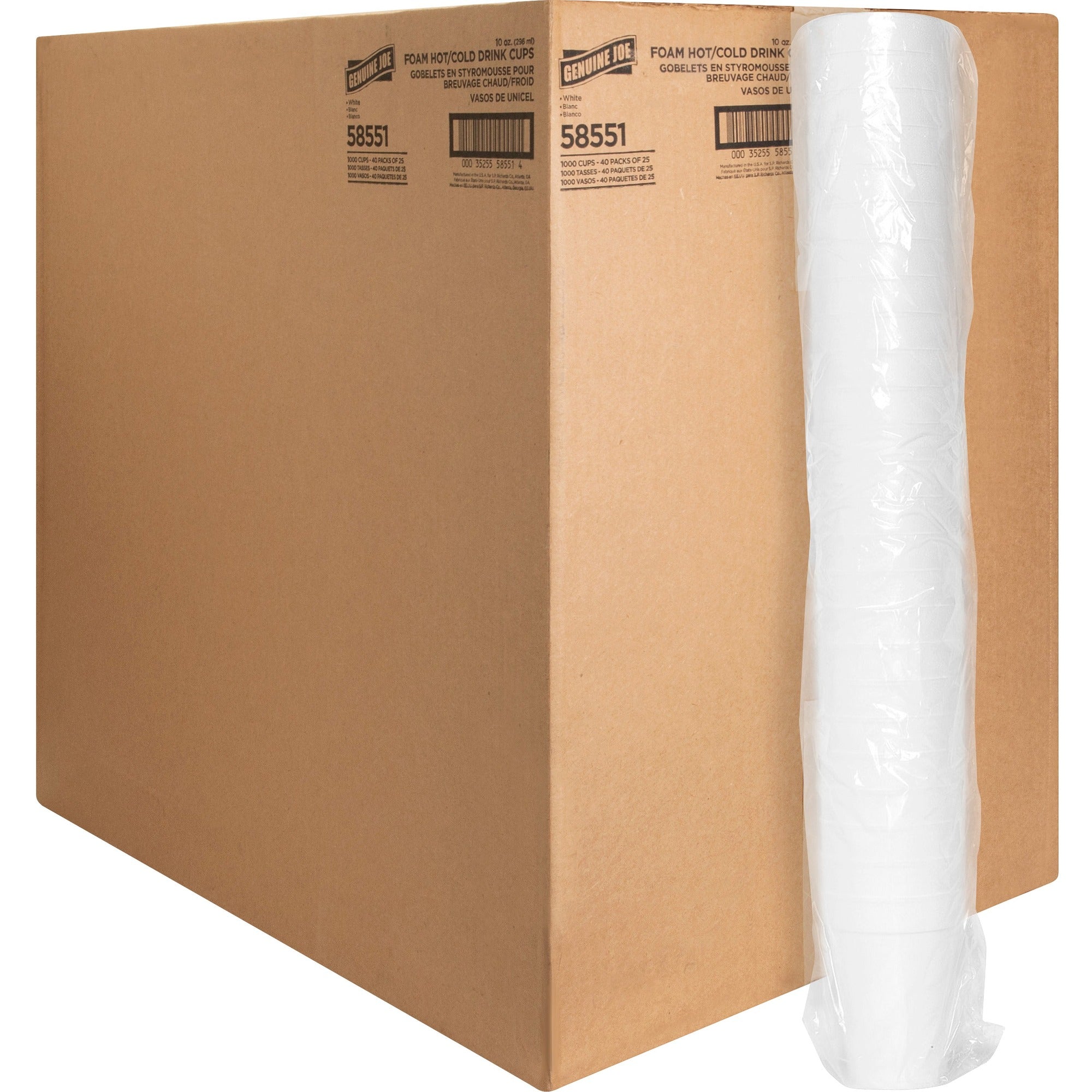 Genuine Joe 10 oz Hot/Cold Foam Cups - 10 fl oz - White - Foam - Hot Drink, Cold Drink - 25/Pack - 40 / Carton