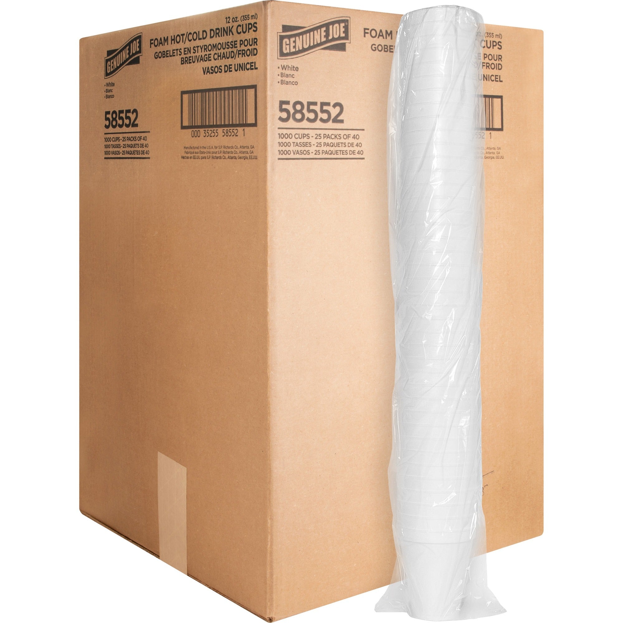 Genuine Joe 12 oz Hot/Cold Foam Cups - 12 fl oz - White - Foam - Hot Drink, Cold Drink - 40/Pack - 25 / Carton