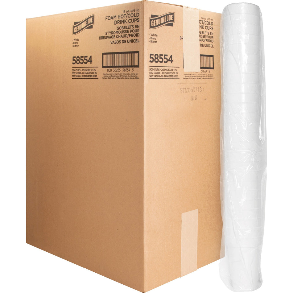 Genuine Joe 16 oz Hot/Cold Foam Cups - 16 fl oz - White - Foam - Hot Drink, Cold Drink - 25/Pack - 20 / Carton