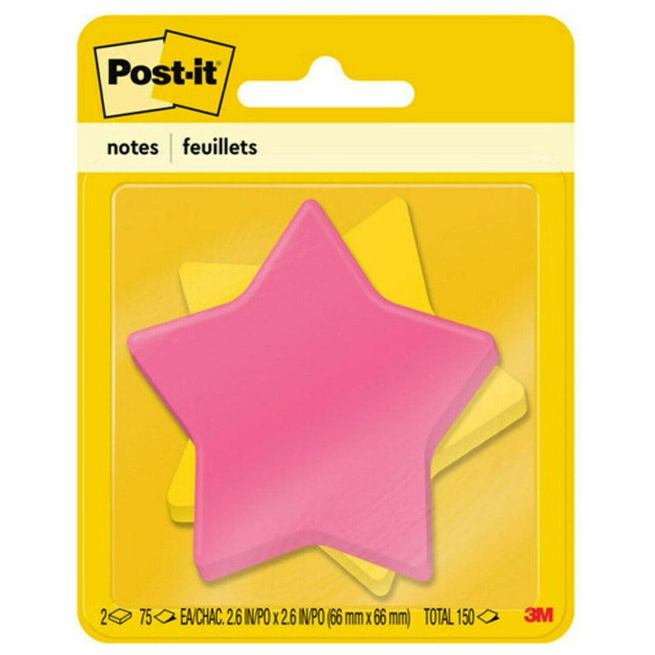 Post-it® Super Sticky Die-Cut Notes - 150 - 3" Flag/Note Width x 3" Flag/Note Length - Star - 75 Sheets per Pad - Unruled - Yellow, Pink - Self-adhesive - 2 / Pack