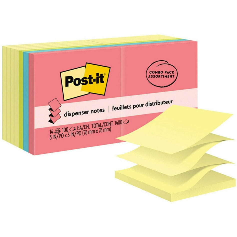 Post-it® Dispenser Notes - Poptimistic Color Collection and Canary Yellow - 1400 - 3" Flag/Note Width x 3" Flag/Note Length - Square - 100 Sheets per Pad - Unruled - Pink, Blue, Green, Yellow - Paper - Self-adhesive, Repositionable - 14 / Pack