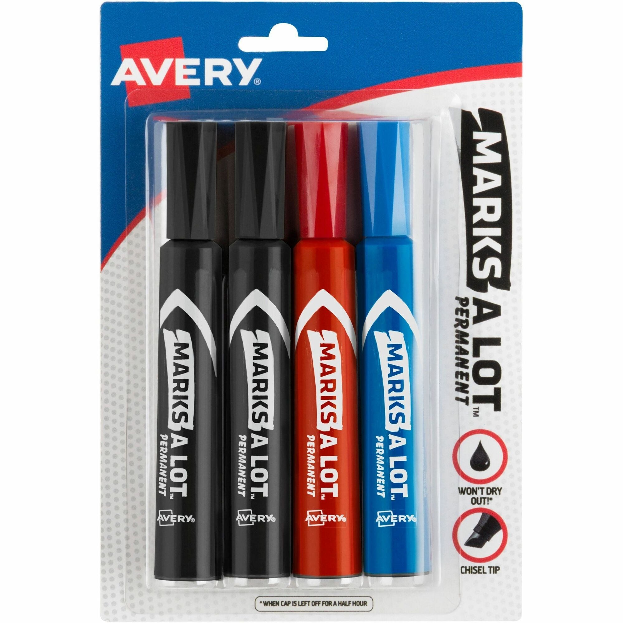 Avery®Marks A Lot Permanent Markers - Regular Chisel Marker Point - Black, Blue, Red Ink - Black, Blue, Red Barrel - 4 / Pack