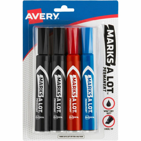 Avery®Marks A Lot Permanent Markers - Regular Chisel Marker Point - Black, Blue, Red Ink - Black, Blue, Red Barrel - 4 / Pack