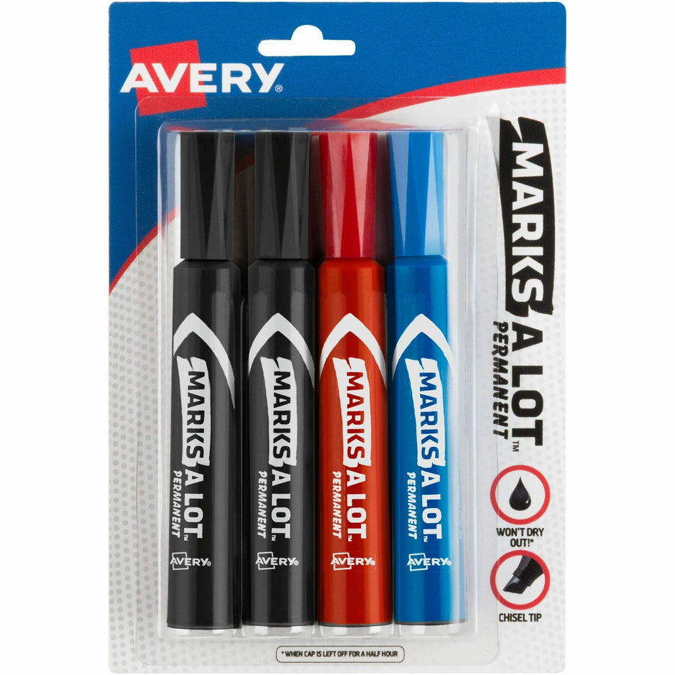 Avery®Marks A Lot Permanent Markers - Regular Chisel Marker Point - Black, Blue, Red Ink - Black, Blue, Red Barrel - 4 / Pack