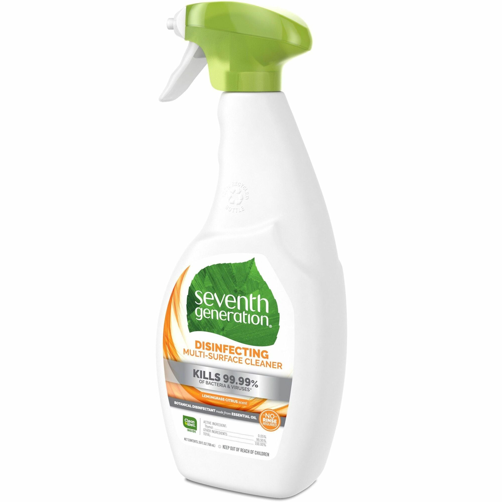 Seventh Generation Disinfecting Multi-Surface Cleaner - For Nonporous Surface - 26 fl oz (0.8 quart) - Lemongrass Citrus Scent - Recommended For: Oil Remover - Streak-free, Disinfectant, Odor Neutralizer - 1 Each