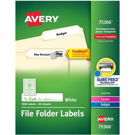 Avery®  TrueBlock File Folder Labels - 21/32" Width x 3 7/16" Length - Permanent Adhesive - Rectangle - Inkjet, Laser - Matte White - Matte - Paper - 30 / Sheet - 30 Total Sheets - 1800 Total Label(s) - 60 / Box