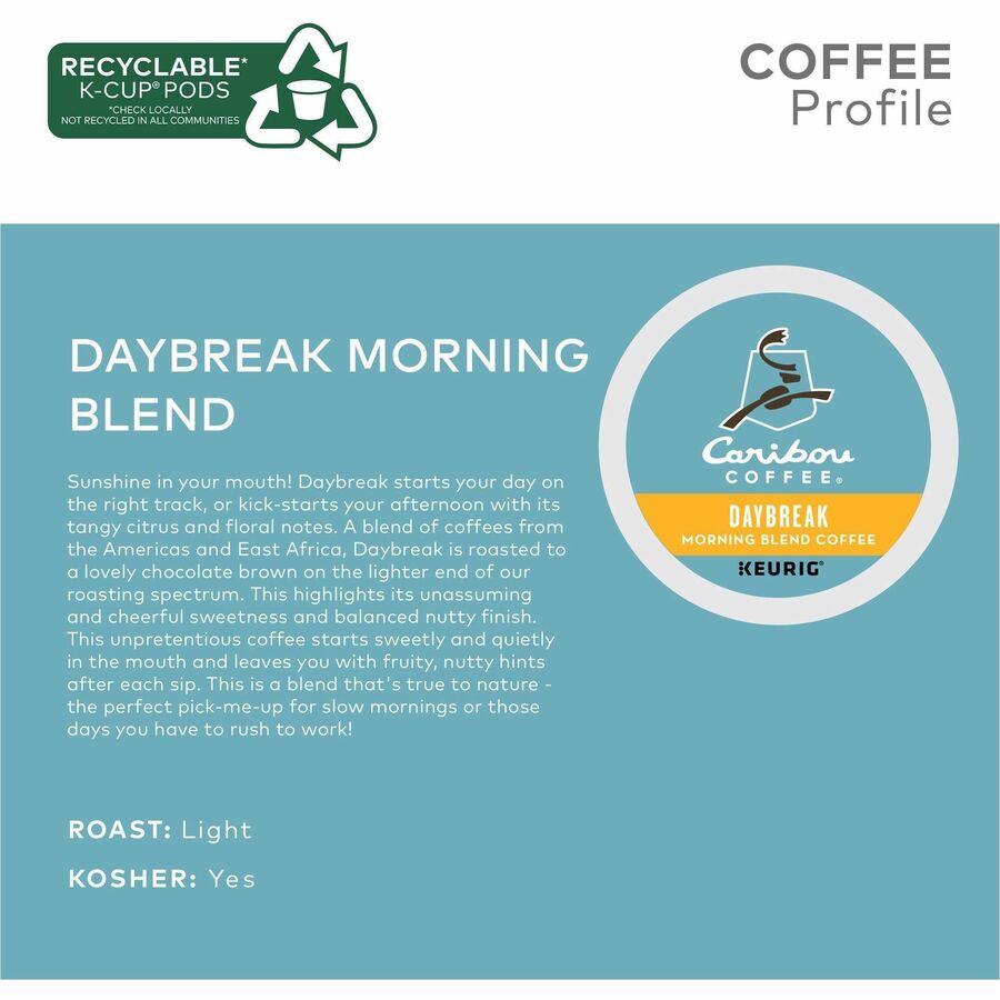 Caribou Coffee® K-Cup Daybreak Coffee - Compatible with Keurig Brewer - Regular - Light/Mild - K-Cup - 24 / Box