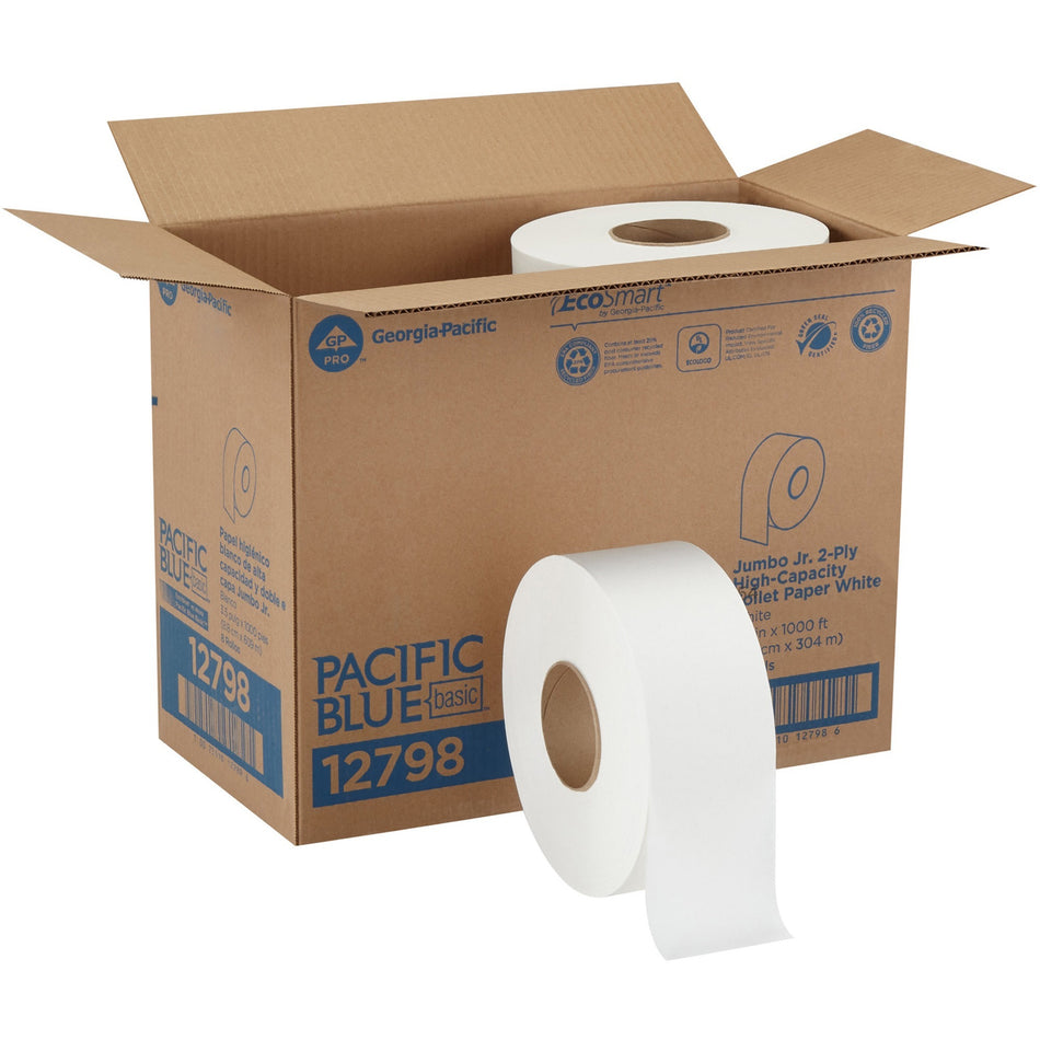 Pacific Blue Basic Jumbo Jr. High-Capacity Toilet Paper - 2 Ply - 3.50" Width x 1000 ft Length - White - Fiber - 8 / Carton