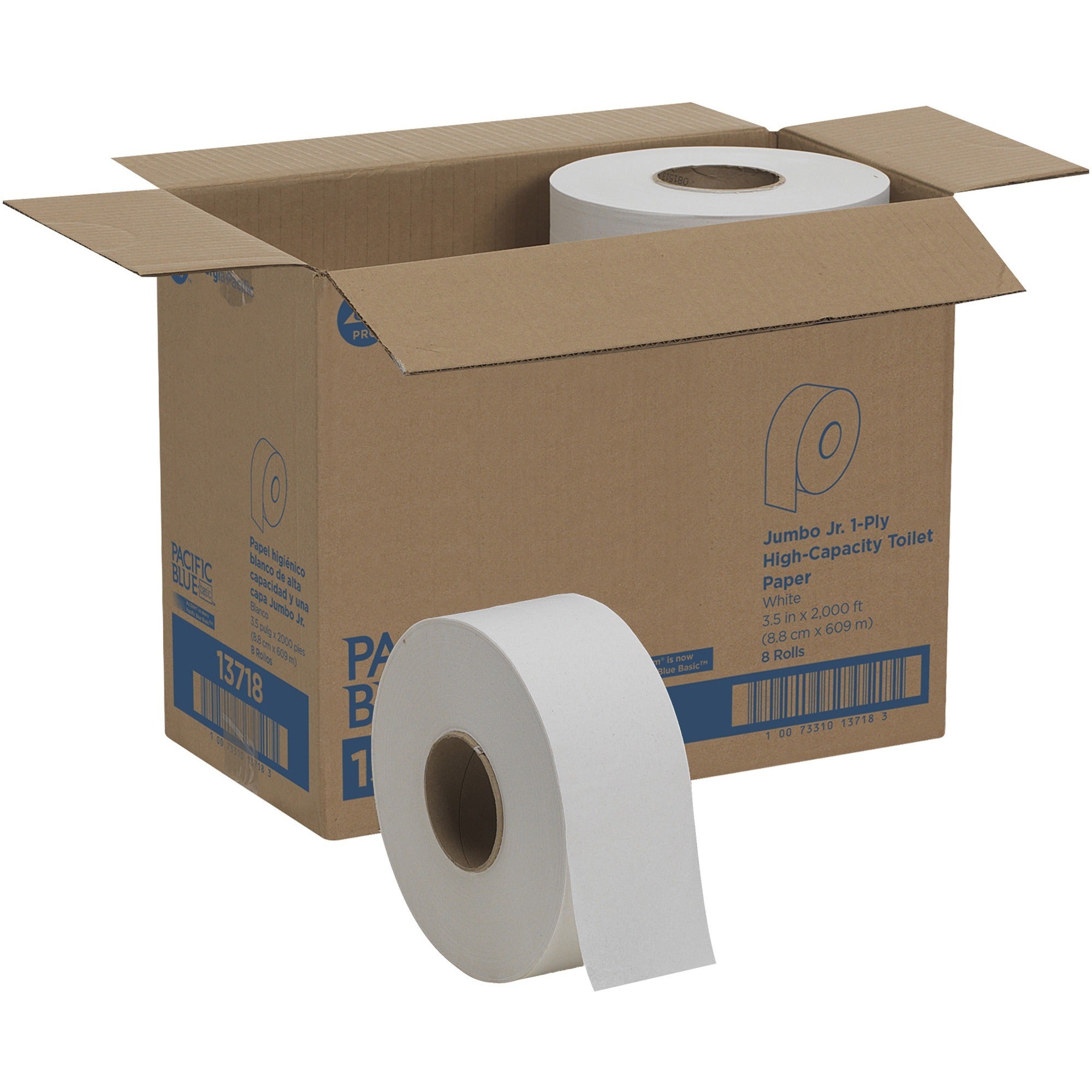 Pacific Blue Basic Jumbo Jr. High-Capacity Toilet Paper - 1 Ply - 3.50" Width x 2000 ft Length - 3.30" Roll Diameter - White - 8 / Carton