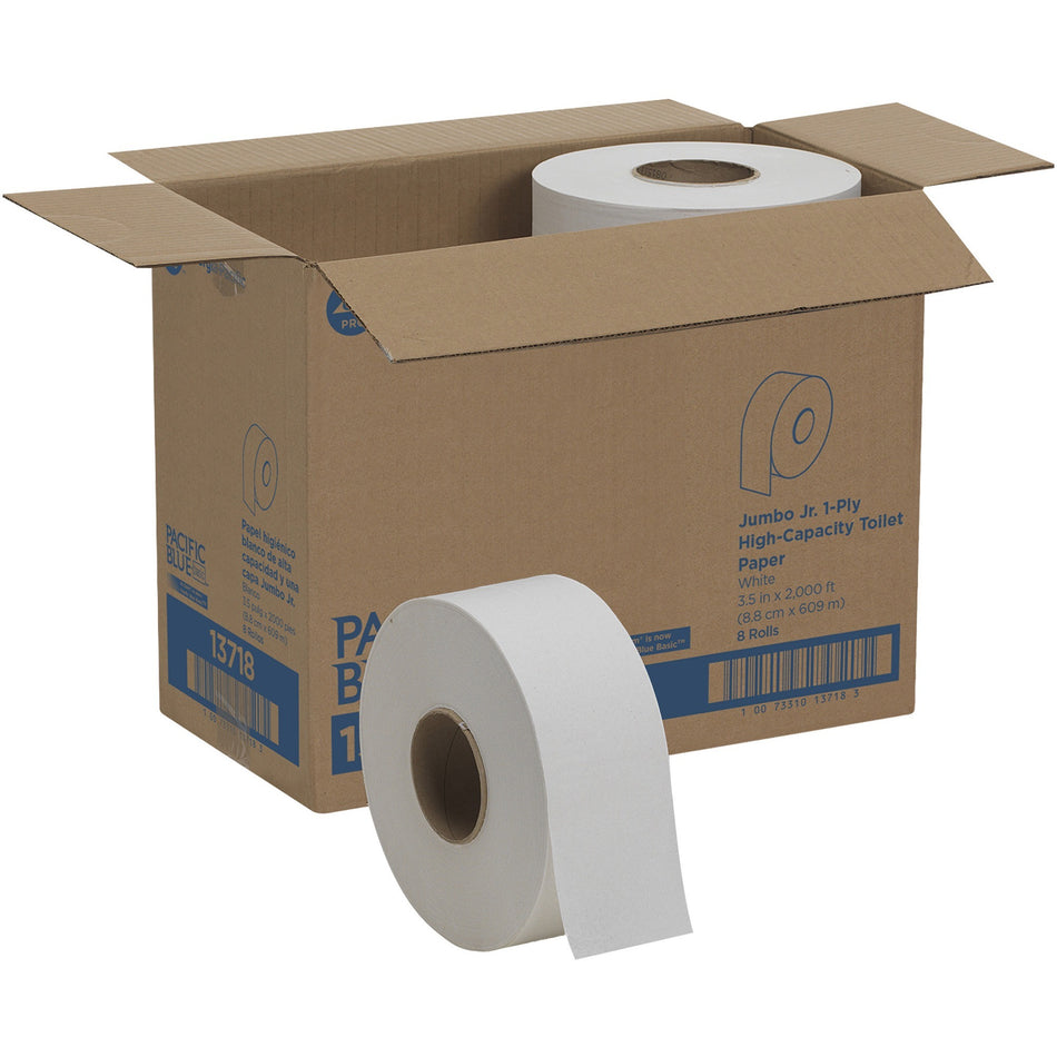 Pacific Blue Basic Jumbo Jr. High-Capacity Toilet Paper - 1 Ply - 3.50" Width x 2000 ft Length - 3.30" Roll Diameter - White - 8 / Carton