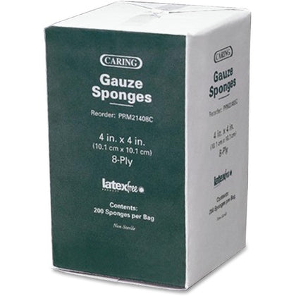 Cotton Gauze Sponges: Caring 8-Ply 4’’x4’’ - 200/Pack - Bandages & Wraps