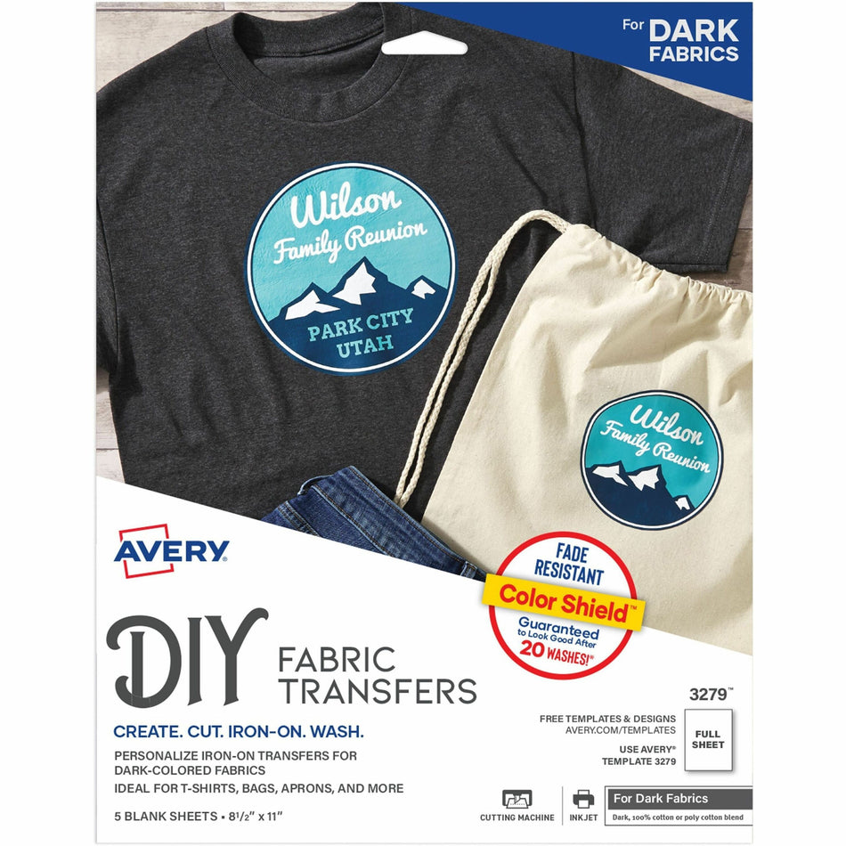 Avery®  Iron-on Transfer Paper - Letter - 8 1/2" x 11" - Matte - Fade Resistant, Crack Resistant, Long Lasting, Heat-seal Backing, Stretchable, Washable - 5 / Pack