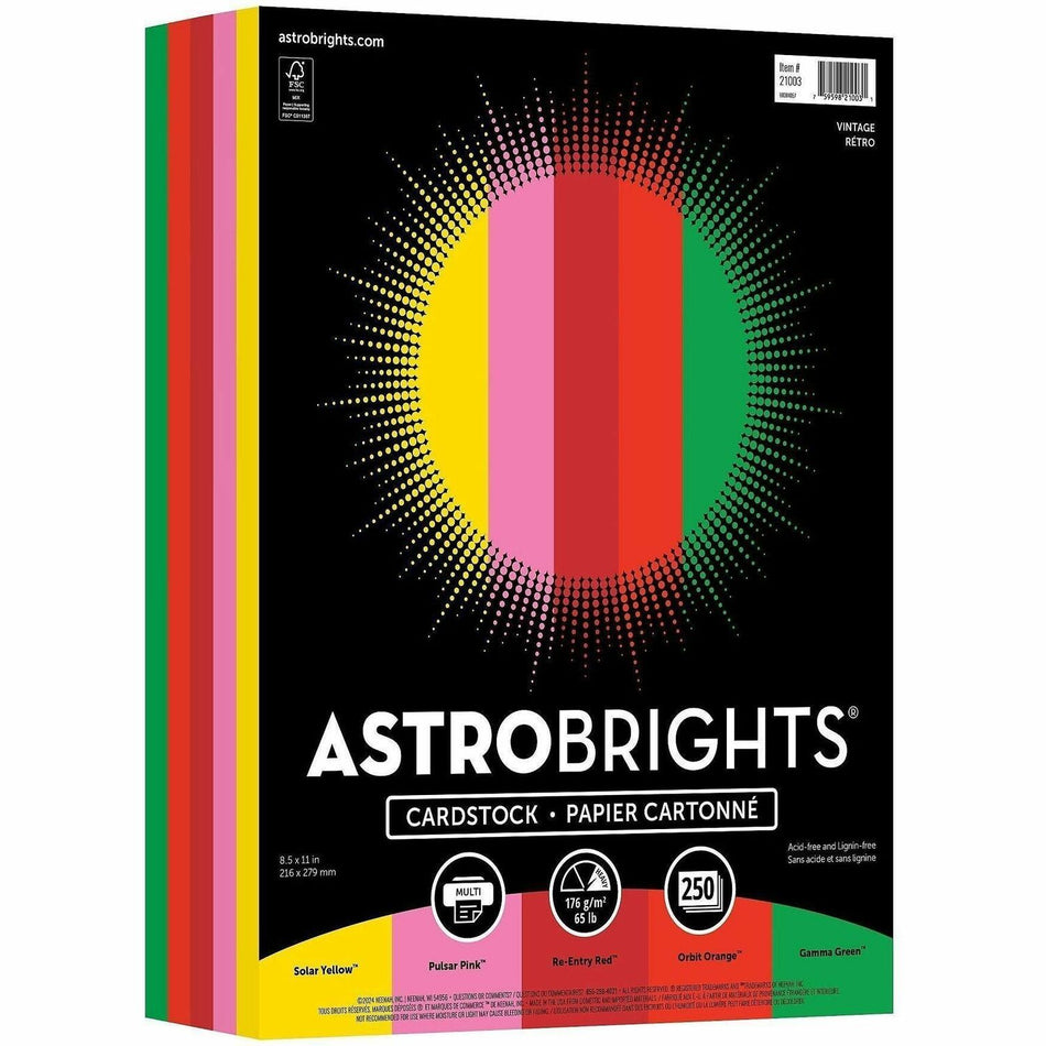 Astrobrights Color Card Stock "Vintage" , 5 Assorted Colours - Letter - 8 1/2" x 11" - 65 lb Basis Weight - Acid-free, Lignin-free - Solar Yellow, Pulsar Pink, Re-entry Red, Orbit Orange, Gamma Green - 250 / Pack