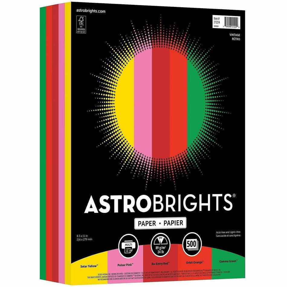 Astrobrights Color Copy Paper "Vintage" , 5 Assorted Colours - Letter - 8 1/2" x 11" - 24 lb Basis Weight - Acid-free, Lignin-free - Solar Yellow, Pulsar Pink, Re-entry Red, Orbit Orange, Gamma Green - 500 / Ream