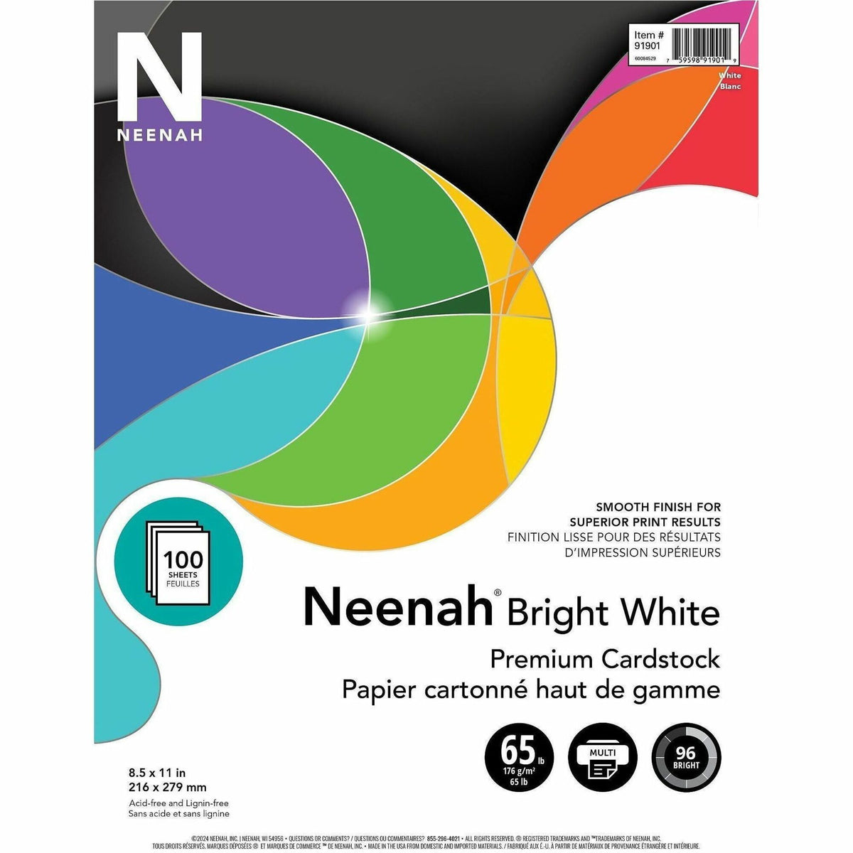 Neenah Bright White Cardstock - Letter - 8 1/2" x 11" - 65 lb Basis Weight - Smooth - Acid-free, Lignin-free - Bright White - 100 / Pack