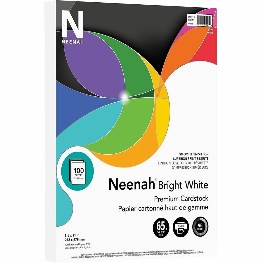 Neenah Bright White Cardstock - Letter - 8 1/2" x 11" - 65 lb Basis Weight - Smooth - Acid-free, Lignin-free - Bright White - 100 / Pack