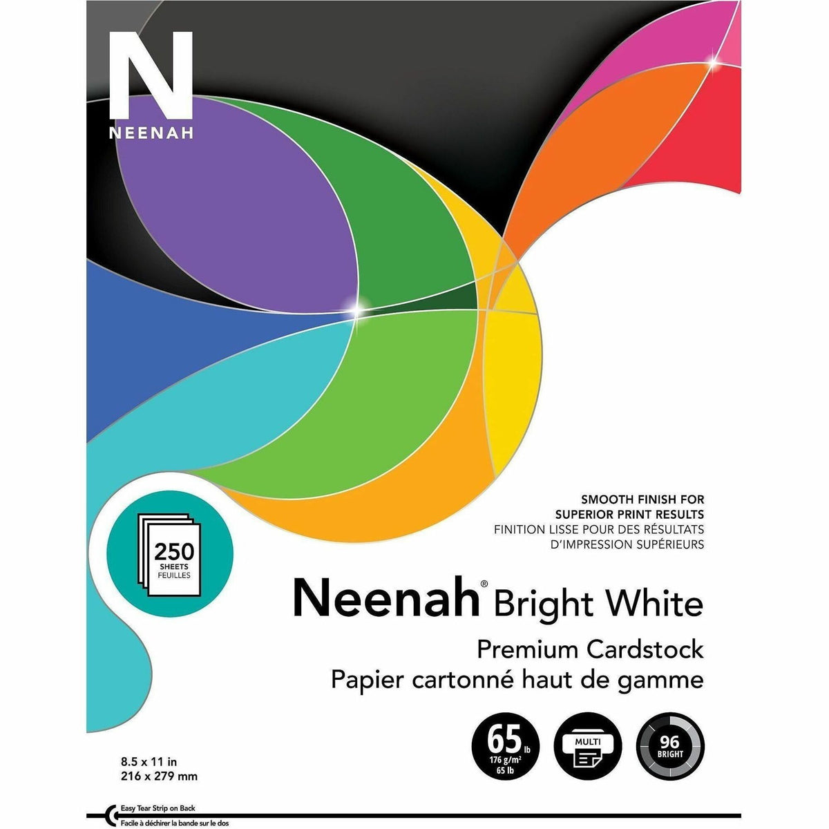 Neenah Bright White Cardstock - 96 Brightness - Letter - 8 1/2" x 11" - 65 lb Basis Weight - Smooth - Bright White - 250 / Pack