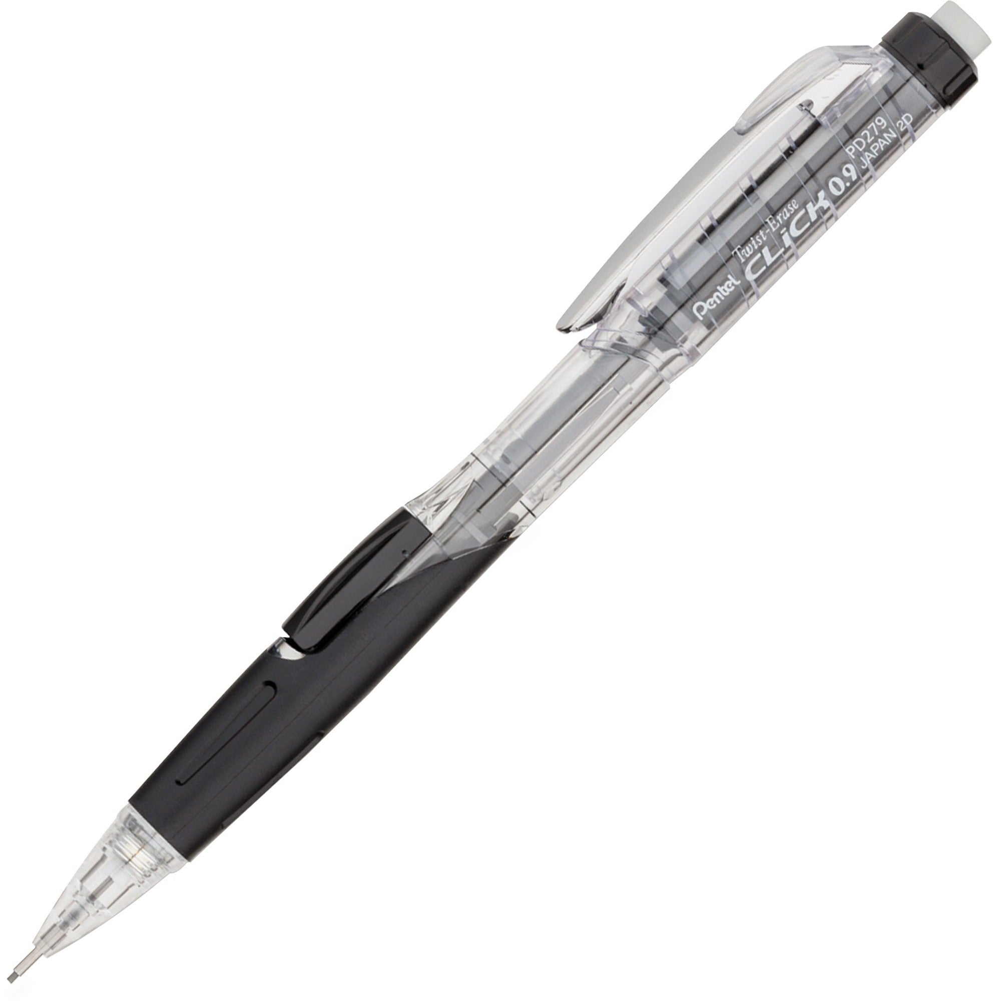 Pentel Twist-Erase Click Mechanical Pencil - 0.9 mm Black Lead - #2, HB - Refillable - Transparent, Black Barrel - 1 Each