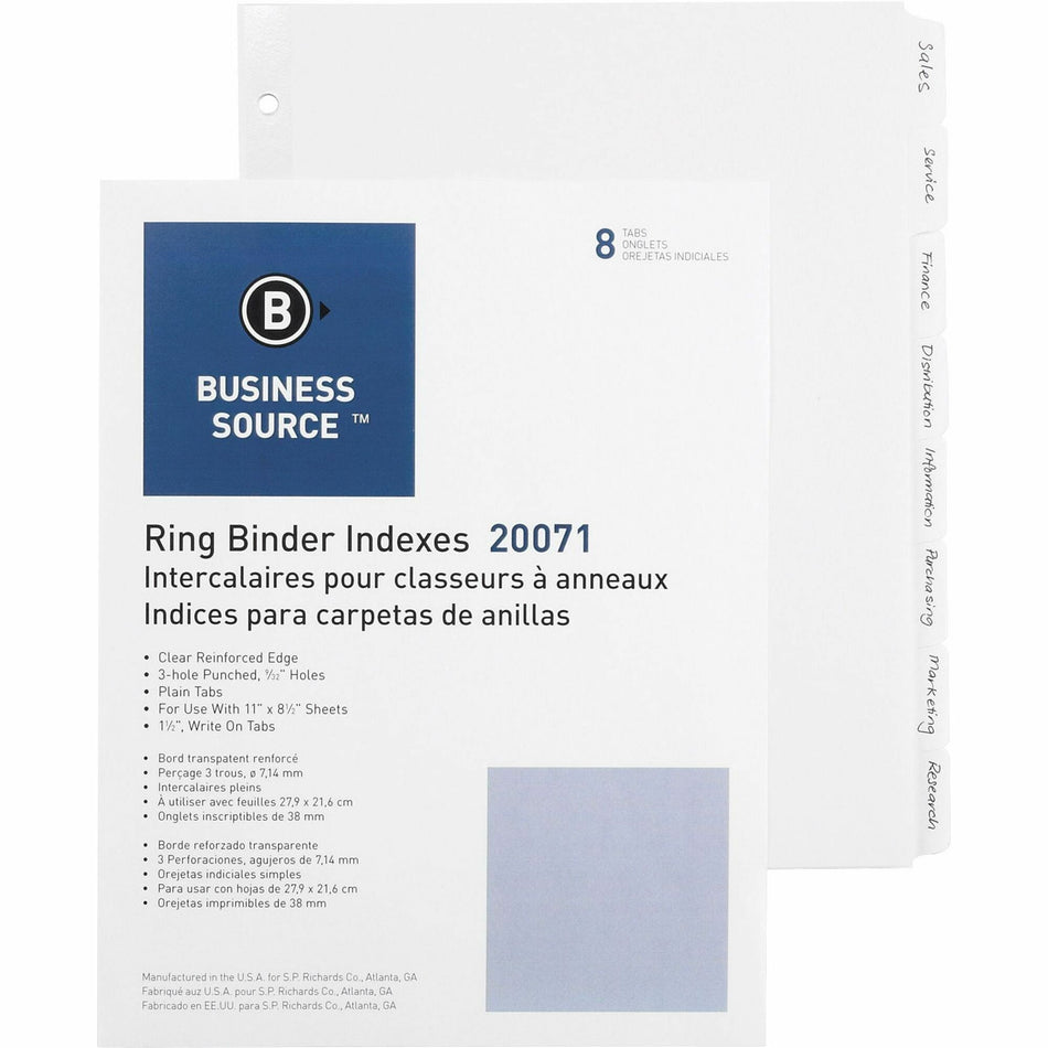 Business Source 3-Ring Plain Tab Indexes - 8 Write-on Tab(s) - 8 Tab(s)/Set - 1.25" Tab Width - 8.5" Divider Width x 11" Divider Length - Letter - 3 Hole Punched - White Divider - 100% Recycled - Punched, Mylar Reinforced Edge - 100 / Box