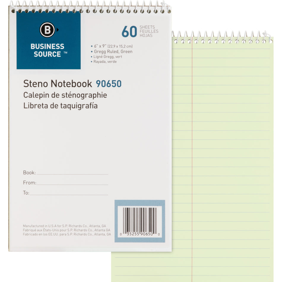 Business Source Steno Notebook - 60 Sheets - Coilock - Gregg Ruled Margin - 6" x 9" Sheet Size - Green Tint Paper - Stiff-back, Sturdy - 1 Each