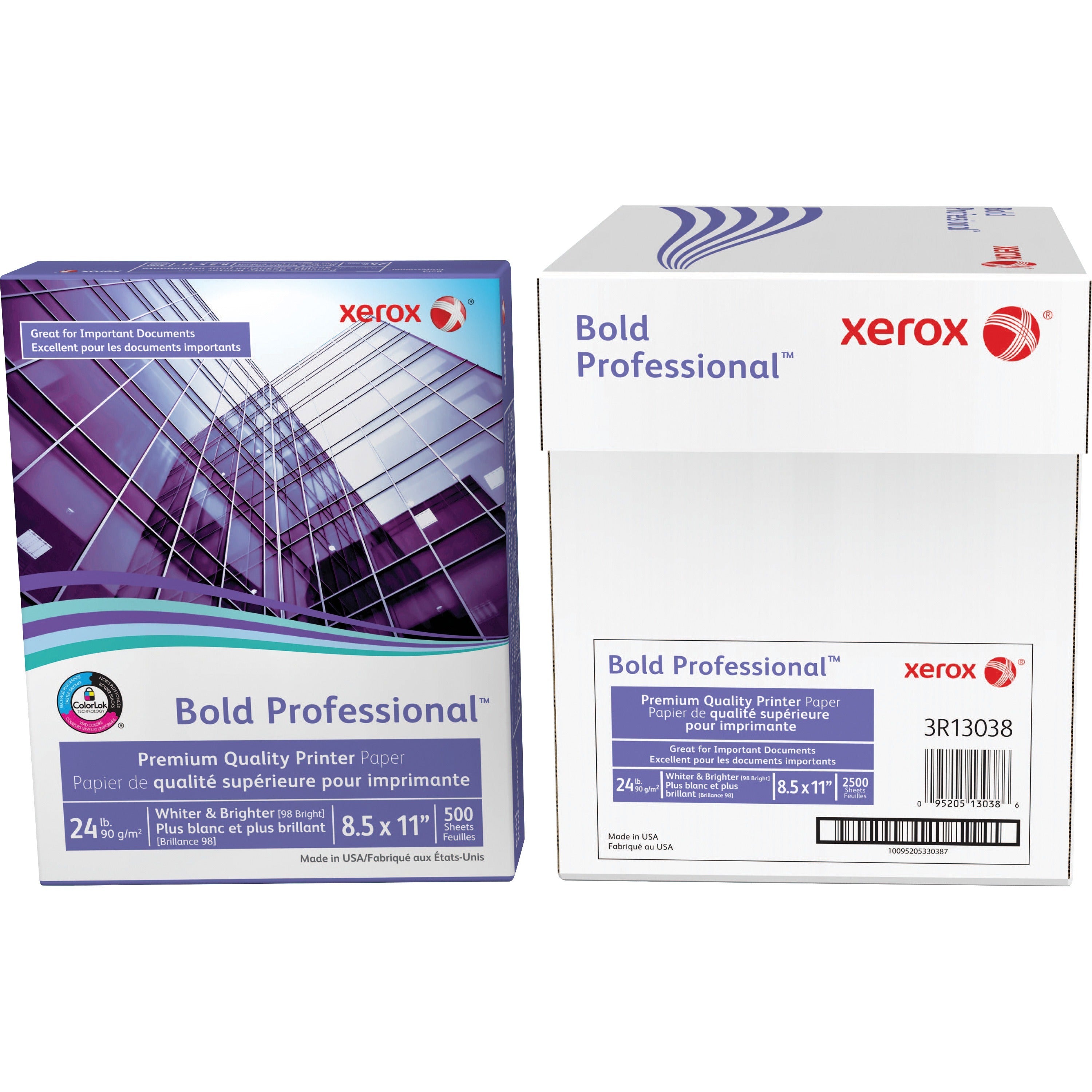 Xerox Bold Professional Quality Paper - White - Letter - 8 1/2" x 11" - 24 lb Basis Weight - Chlorine-free, Acid-free, ColorLok Technology, Jam-free - White - 500 / Ream